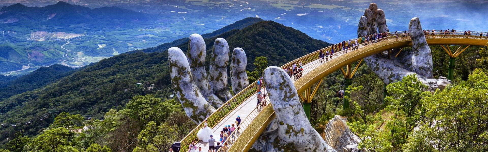 Panoramic view of Ba Na Hills’ mountain retreat for a scenic Ba Na Tours banner by Legend Travel Group.